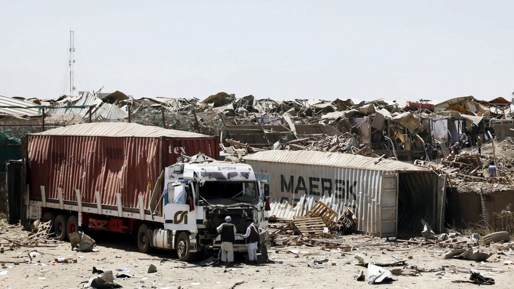 The huge truck bomb blasted a large hole in the permiter wall protecting the Kabul hotel compound Jawad Jalali  EPA