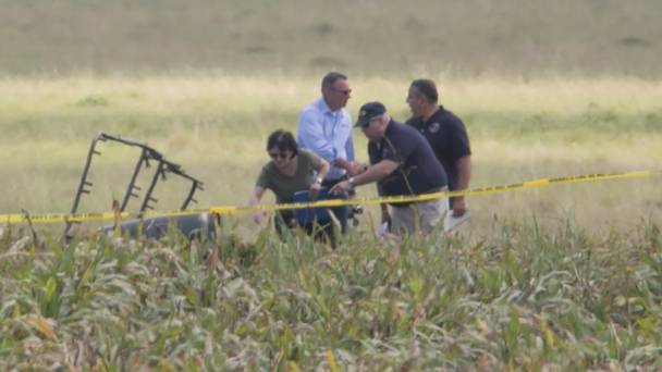 The partial frame of the hot air balloon is visible above crops as investigators comb the wreckage