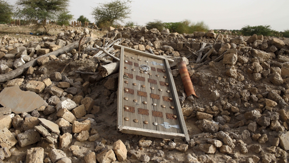 The rubble left from an ancient mausoleum destroyed by Islamist militants is seen in Timbuktu Mali