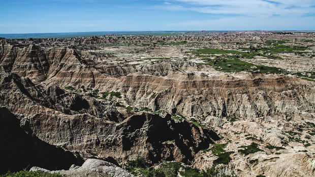 The rugged terrain of Badlands National Park South Dakota is seen here