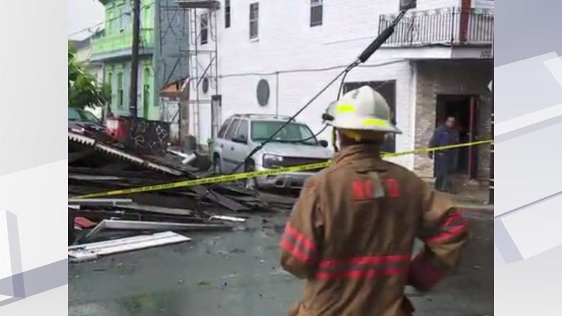 The scene of a collapsed building on St. Phillip and N. Claiborne in New Orleans after a series of storms swept through