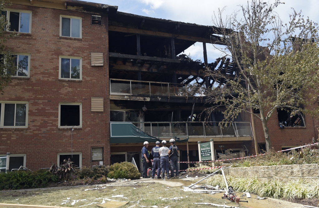 The scene of an apartment building fire in Silver Spring Md. Thursday Aug. 11 2016