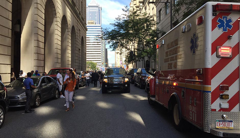 The scene outside the Criminal Justice Center this morning