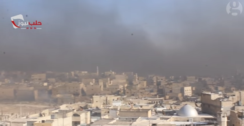 The skies over Aleppo  blacked out by smoke.       The Guardian via Youtube