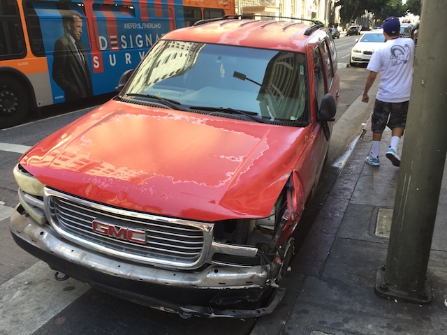 The suspect SUV that crashed at the corner of 5th Street and Broadway