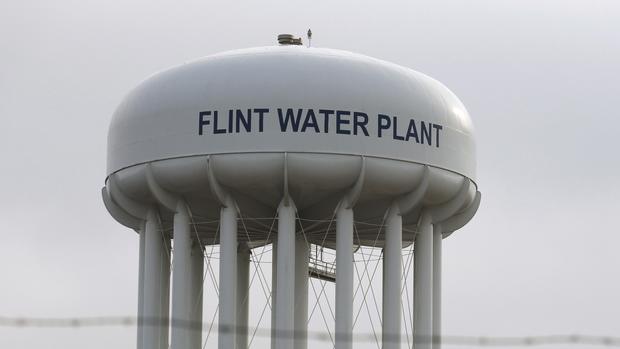 The top of the Flint Water Plant tower is seen in Flint Michigan