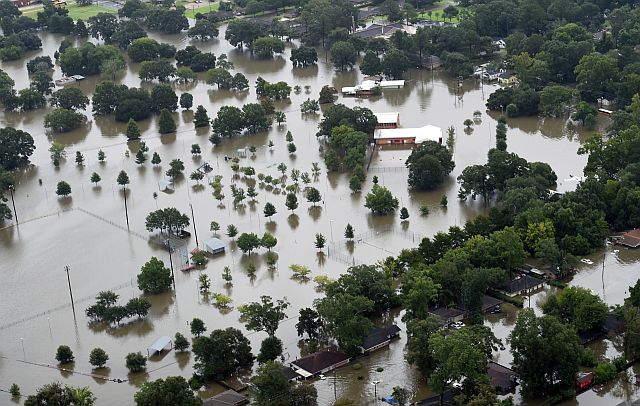 This aerial image shows flooded areas of North Baton Rouge Louisiana Saturday