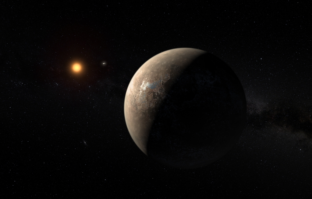 This artist’s impression shows the planet Proxima b orbiting the red dwarf star Proxima