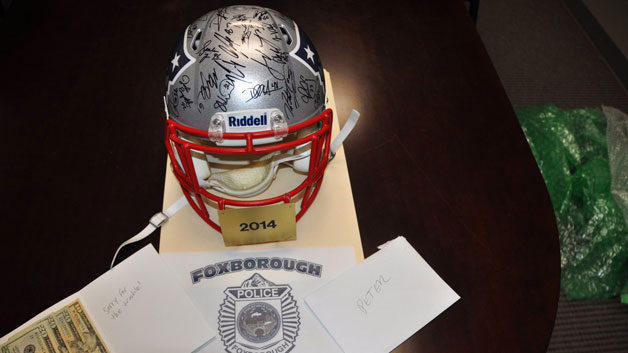 This autographed Patriots helmet has been returned to Skipjack's in Patriot Place