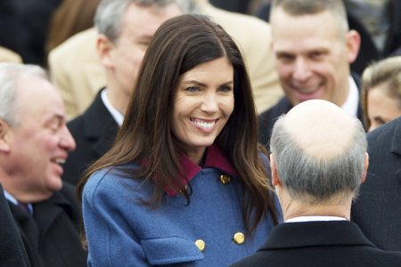 Pennsylvania Attorney General Kathleen Kane congratulates Governor Tom Wolf following his inauguration ceremony at the State Capitol in Harrisburg