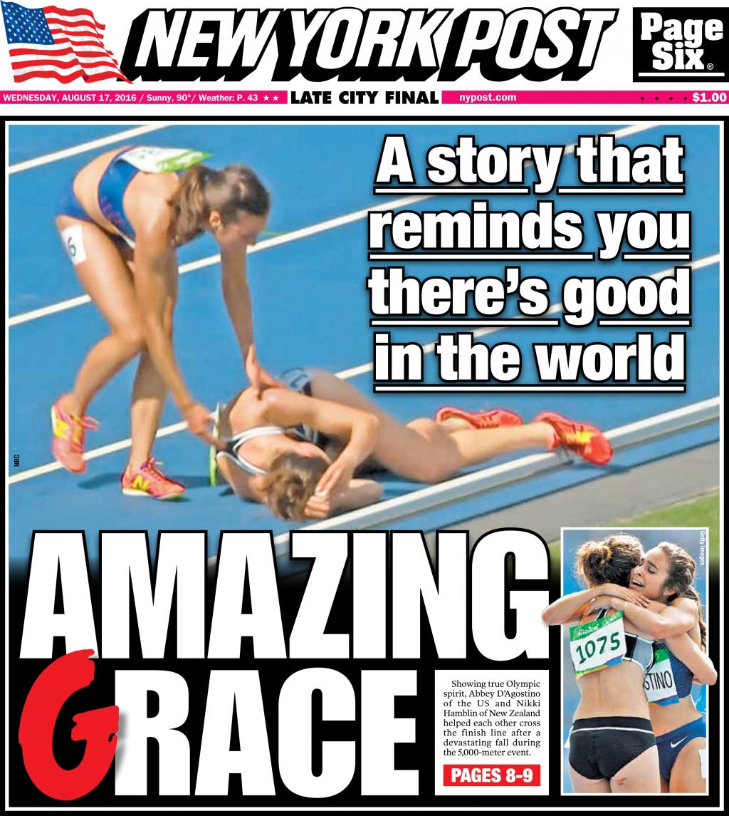 Two runners competing on 5000 m track fall. What happens next exemplifies the Olympic spirit