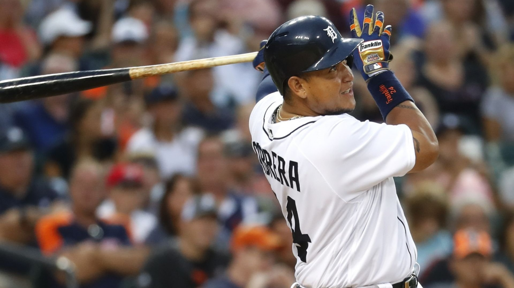 Tigers first baseman Miguel Cabrera watches his fly ball to centerfield in the fourth inning Monday at Comerica Park.  Paul Sancya AP