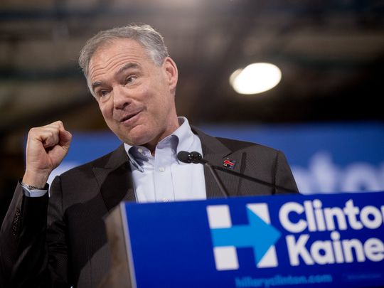 Sen. Tim Kaine D-Va. speaks at a rally at Florida International University Panther Arena in Miami Saturday