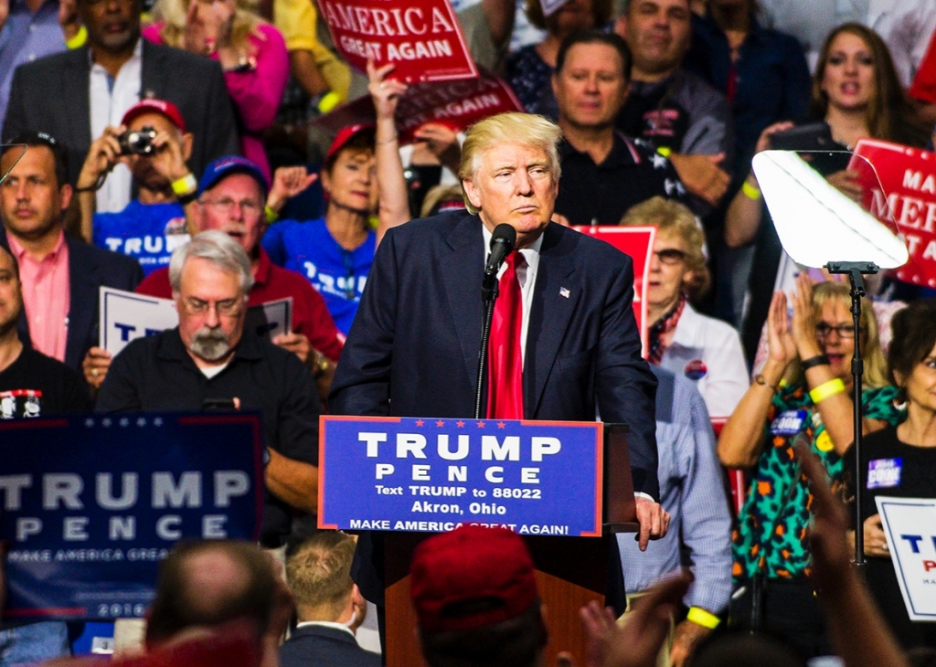 Republican Presidential candidate Donald Trump addresses supporters at the James A. Rhodes Arena