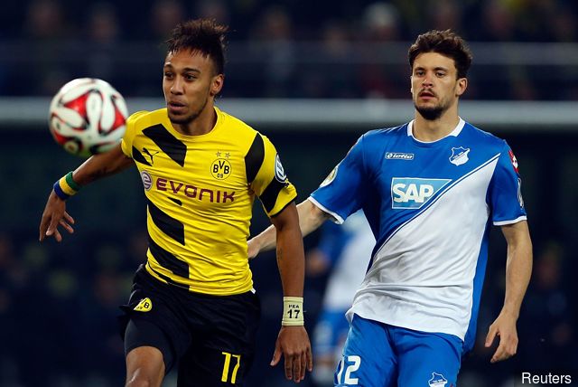 Tobias Strobl during his time with Hoffenheim and Pierre Emerick Aubameyang of Borussia Dortmund