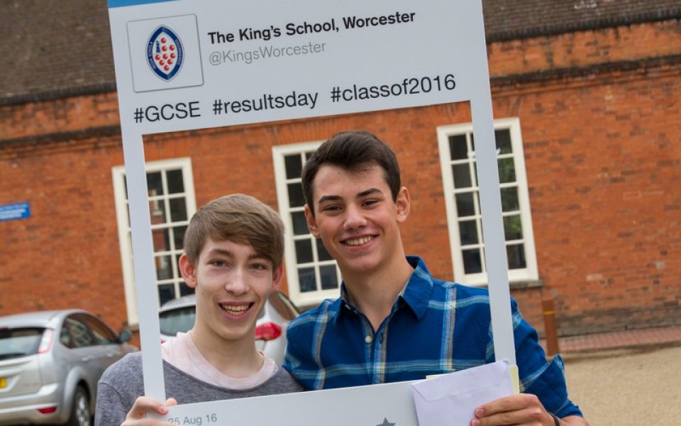 Tom Hodgetts and Jack Kenneally Perrin from The King's School Worcester celebrating their GCSE results