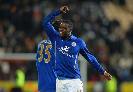 HULL ENGLAND- DECEMBER 28 Jeffrey Schlupp of Leicester City celebrates in front of fans after the Barclays Premier League match between Hull City and Leicester City at KC Stadium