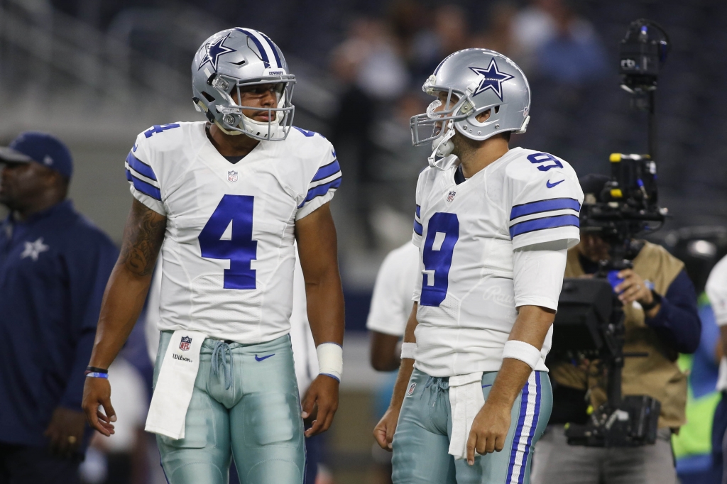 Aug 19 2016 Arlington TX USA Dallas Cowboys quarterback Dak Prescott and quarterback Tony Romo talk during the pregame warmups against the Miami Dolphins at AT&T Stadium. Mandatory Credit Tim Heitman-USA TODAY Sports