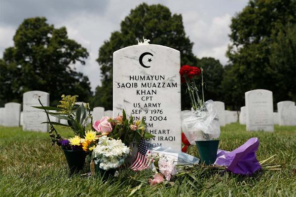 The tombstone of US Army Capt. Humayun S. M. Khan is seen in Section 60 at Arlington National Cemetery in Arlington Va. Monday Aug. 1 2016