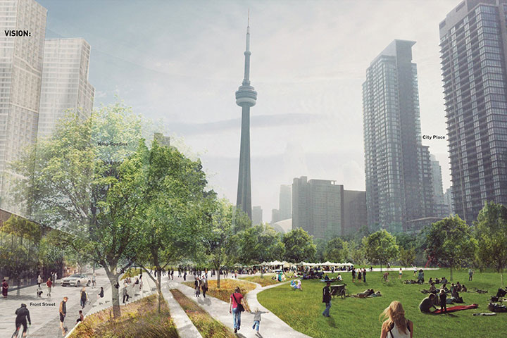 A mock-up of the proposal for what city officials are calling the Rail Deck Park