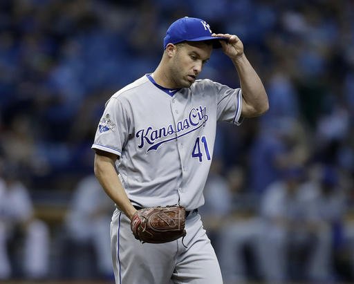 Kansas City Royals pitcher Danny Duffy reacts after giving up a double to Tampa Bay Rays Desmond Jennings breaking up a no-hit bid during the eighth inning of a baseball game Monday Aug. 1 2016 in St. Petersburg Fla