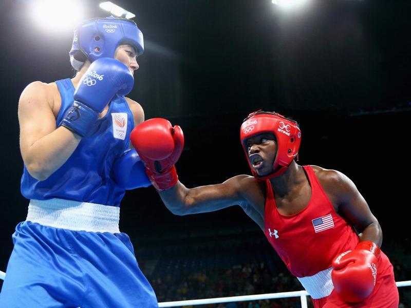 Claressa Maria Shields of the United States and Nouchka Fontijn of the Netherlands compete during the women's Middleweight final in Rio de Janeiro on Sunday