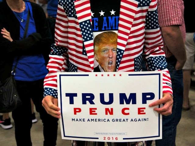 GREEN BAY WI- AUGUST 05 A supporter waits for Republican Presidential Candidate Donald Trump to speak at a Rally In Green Bay Wisconsin