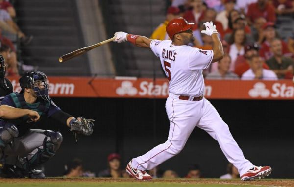 Los Angeles Angels Albert Pujols watches his three-run