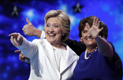 Democratic presidential nominee Hillary Clinton is joined by Anne Holton wife of Democratic vice presidential candidate Sen. Tim Kaine D-Va. during the final day of the Democratic National Convention in Philadelphia Thursday