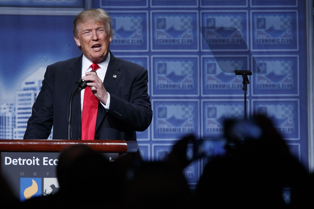 Republican presidential candidate Donald Trump delivers an economic policy speech to the Detroit Economic Club Monday Aug. 8 2016 in Detroit