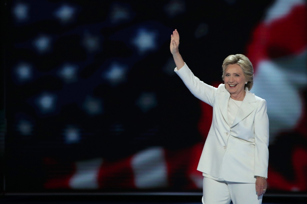 PHILADELPHIA PA- JULY 28 Democratic presidential nominee Hillary Clinton waves to the crowd as she arrives on stage during the fourth day of the Democratic National Convention at the Wells Fargo Center