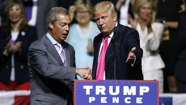 US Republican Presidential nominee Donald Trump invites former UK Independence Party leader Nigel Farage to speak during a campaign rally in Jackson Mississippi