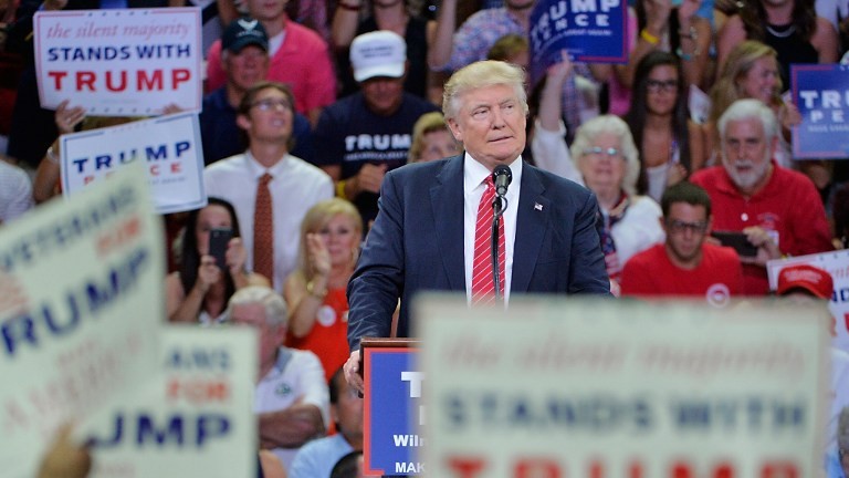 Republican presidential candidate Donald Trump during a campaign event at Trask Coliseum in Wilmington North Carolina