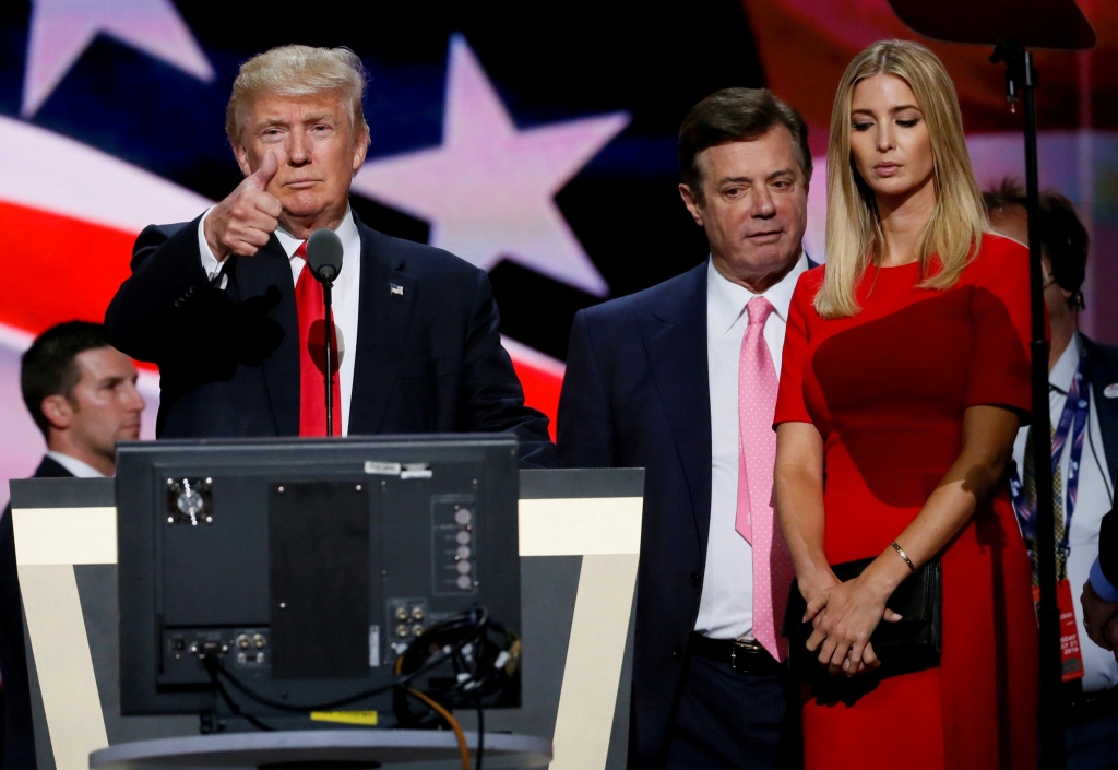 Republican presidential nominee Donald Trump gives a thumbs up as his campaign manager Paul Manafort and daughter Ivanka look on during Trump's walk through at the Republican National Convention in Cleveland U.S