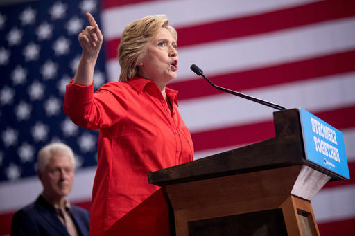 Democratic presidential candidate Hillary Clinton accompanied by former President Bill Clinton left speaks at a rally at David L. Lawrence Convention in Pittsburgh Saturday