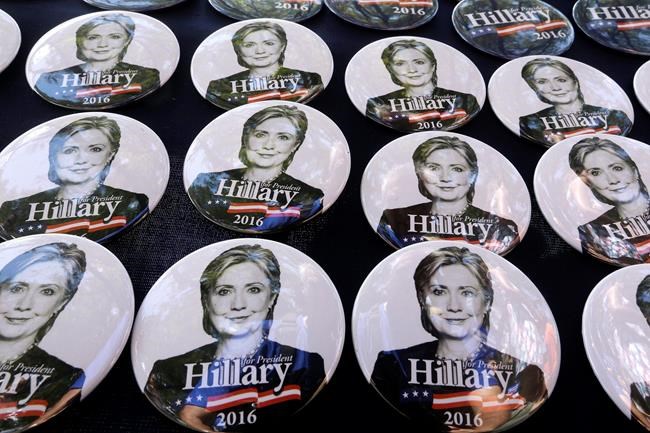 Democratic Presidential nominee Hillary Clinton campaign buttons are made available at a political rally during Democrats Day at the Illinois State Fair Thursday Aug. 18 2016 in Springfield Ill