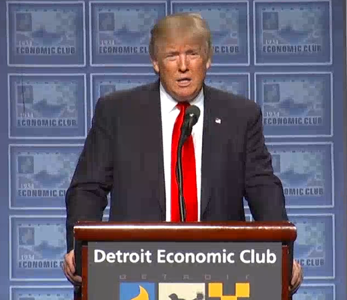 Donald Trump gave an opposite-day speech in Detroit in which he criticized the job-killing tax-raising poverty-inducing Obama  Clinton agenda. More than 9 million new jobs have been created in the U.S. since Obama took office