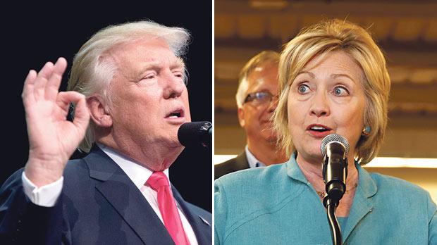 Donald Trump addresses supporters in Daytona Beach Florida. Right Hillary Clinton campaigning in Las Vegas Nevada