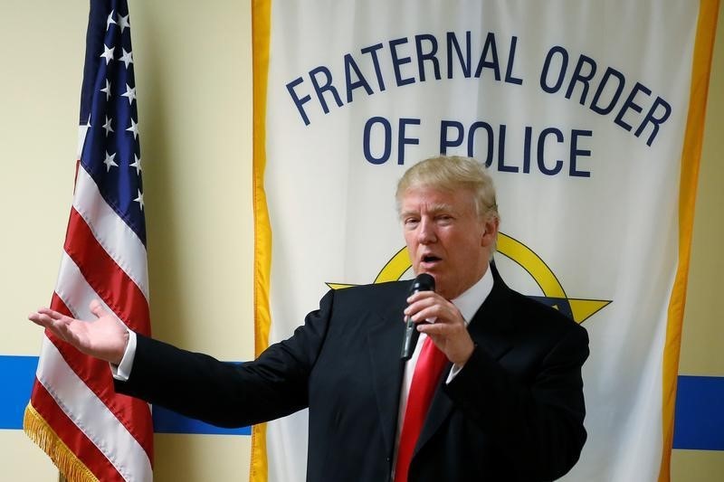 Republican presidential candidate Donald Trump speaks to police gathered at Fraternal Order of Police lodge during a campaign event in Statesville North Carolina U.S