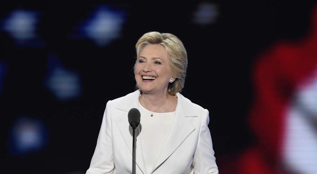 Democratic presidential nominee Hillary Clinton arrives on stage to address delegates during the fourth and final night of the Democratic National Convention at Wells Fargo Center