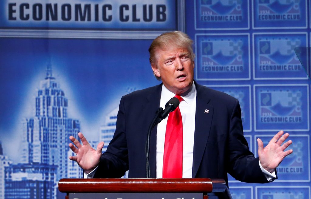 Republican U.S. presidential nominee Donald Trump speaks to the Detroit Economic Club at the Cobo Center in Detroit Michigan