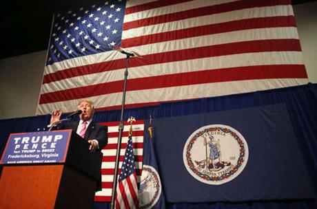 Republican presidential candidate Donald Trump arrives to speak at a campaign rally in Fredericksburg Va. Saturday Aug. 20 2016