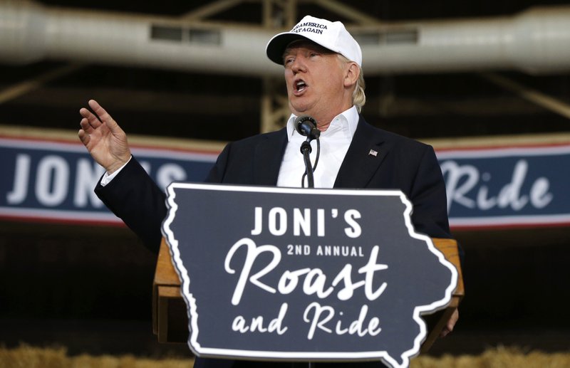 Republican presidential candidate Donald Trump speaks at Joni's Roast and Ride at the Iowa State Fairgrounds in Des Moines Iowa Saturday Aug. 27 2016