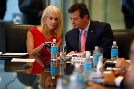 Donald Trump’s campaign manager Kellyanne Conway and Paul Manafort campaign chairman spoke during a round-table discussion on security at Trump Tower in Manhattan on Wednesday