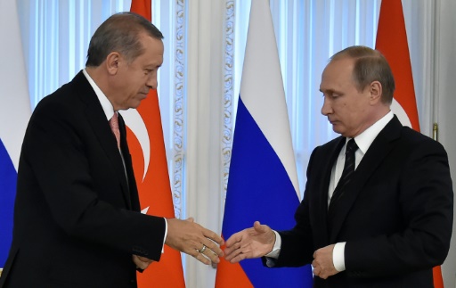 AFP  File  Alexander Nemenov
Russian President Vladimir Putin greets his Turkish counterpart Recep Tayyip Erdogan at the Konstantinovsky Palace outside Saint Petersburg