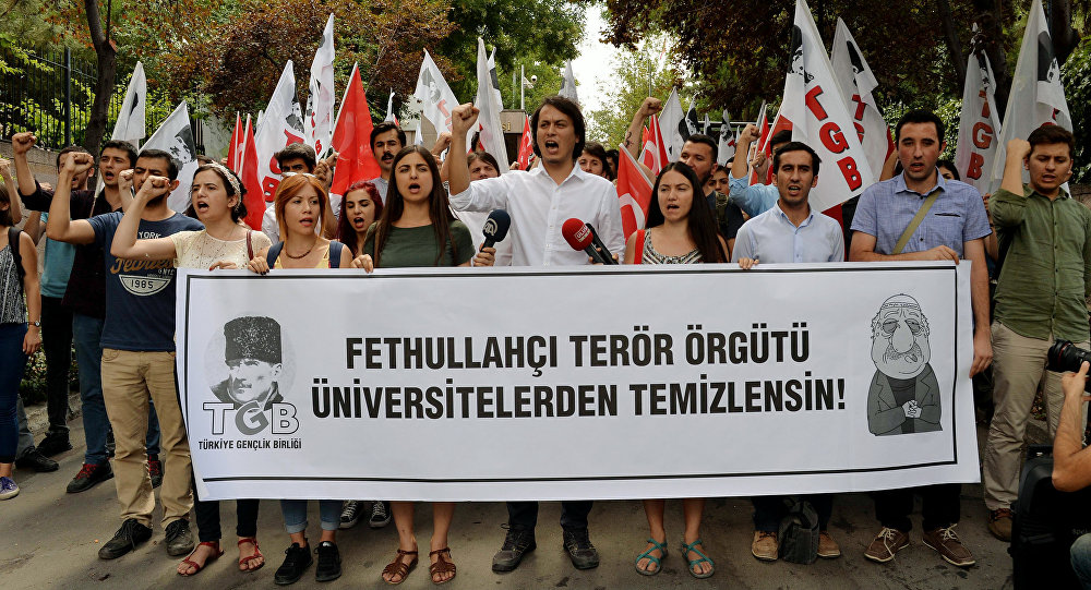 Pro-nationalist university students shout during a protest against U.S.-based cleric Fethullah Gulen and his followers during a demonstration in Ankara