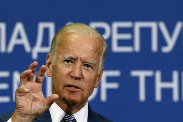 Vice President Joe Biden gestures during a news conference in Belgrade Serbia