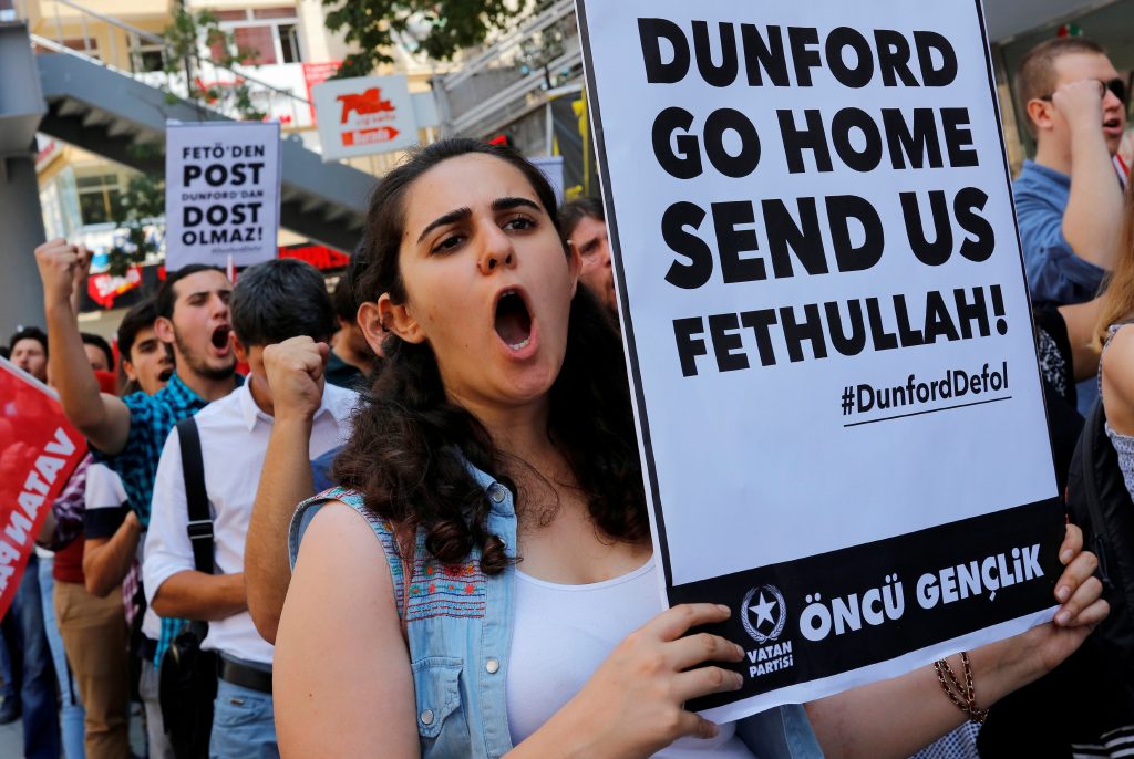 Members of the Patriotic Party demonstrate against the visit of U.S. Chairman of the Joint Chiefs of Staff Gen. Joseph Dunford in front of the U.S. Embassy in Ankara Turkey on Aug. 1