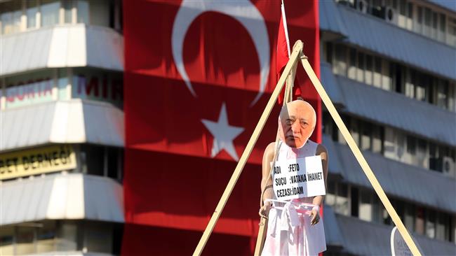 Fethullah Gulen set up on a dummy at Kizilay Square in front of a Turkish national flag in Ankara during a protest against the July failed military coup