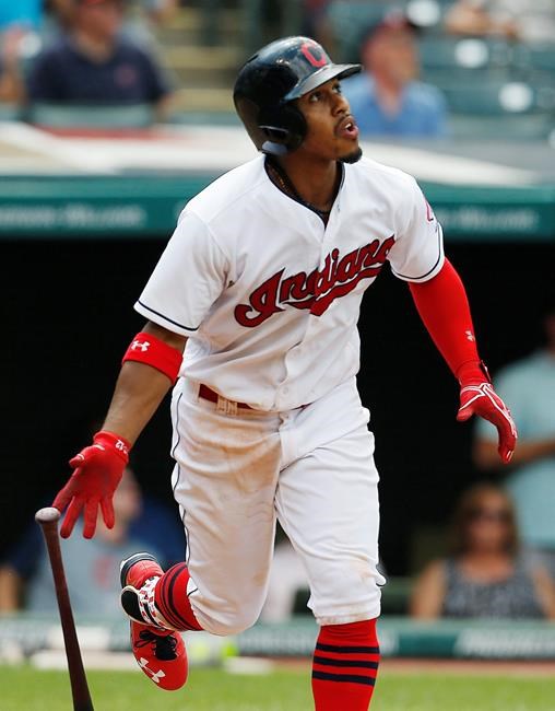 Cleveland Indians&#39 Francisco Lindor watches his two run home run off Minnesota Twins relief pitcher Michael Tonkin during the seventh inning of a baseball game Thursday Aug. 4 2016 in Cleveland